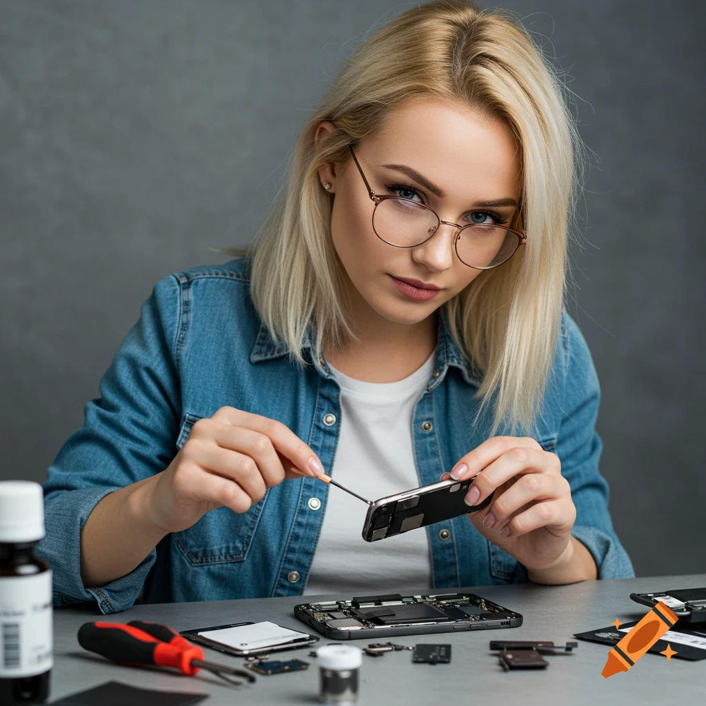 Blonde woman with glasses repairing a smartphone at a desk with tools and electronic components.