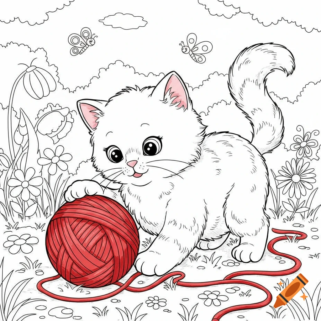 Coloring page illustration of a fluffy white kitten playing with a red ball of yarn in a garden.