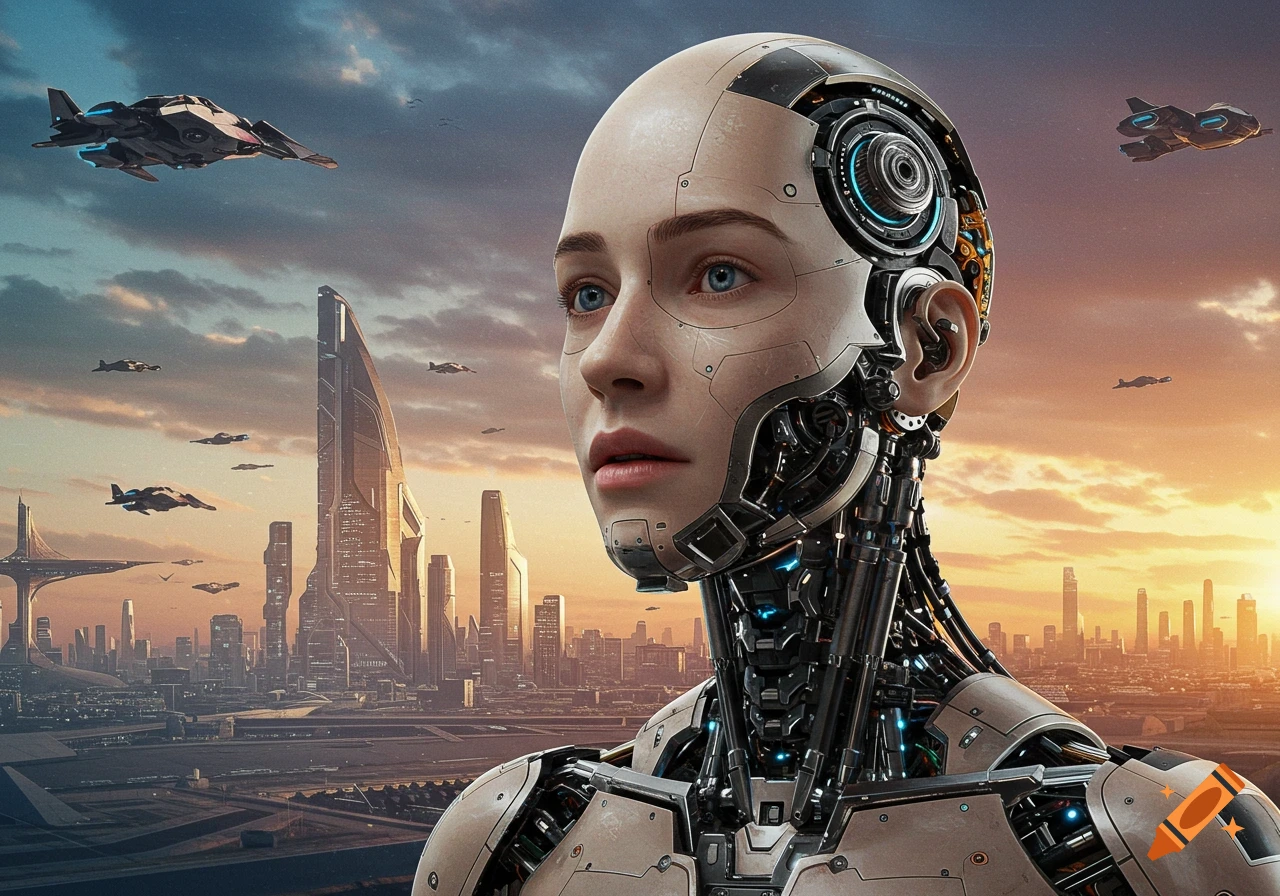 A close-up profile of a female cyborg looking towards a futuristic city with flying ships at sunset, photorealistic style.