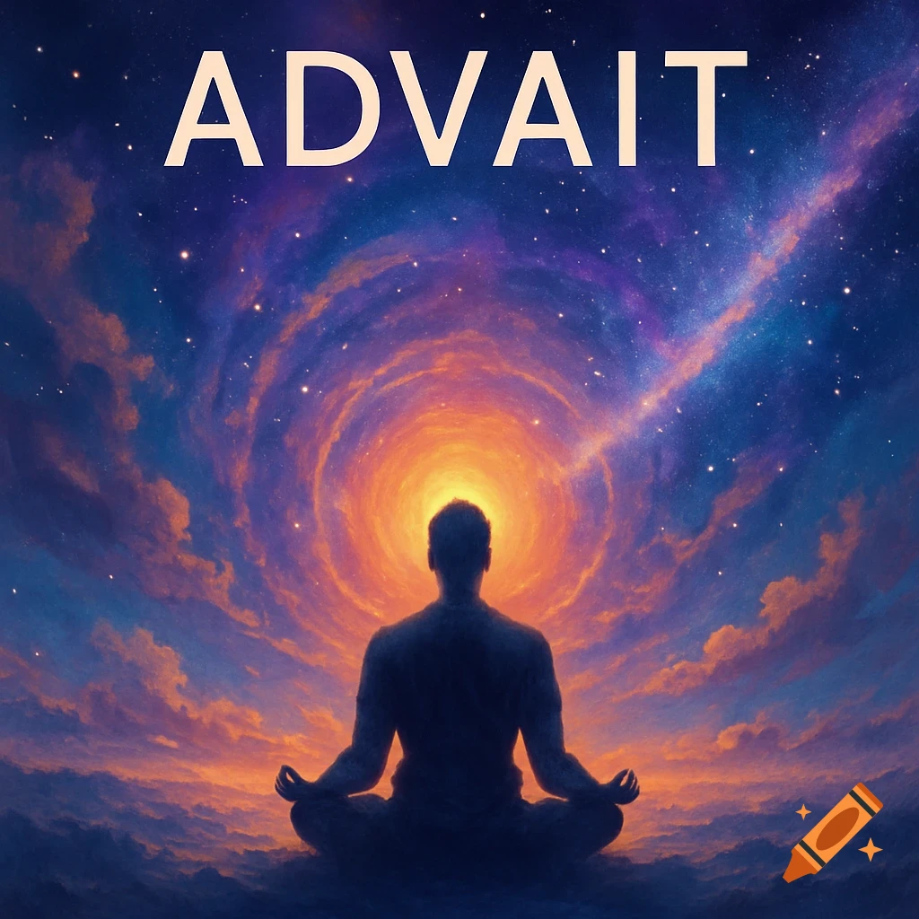 Silhouette figure meditating under the word ADVAIT against a swirling cosmic sky with stars.