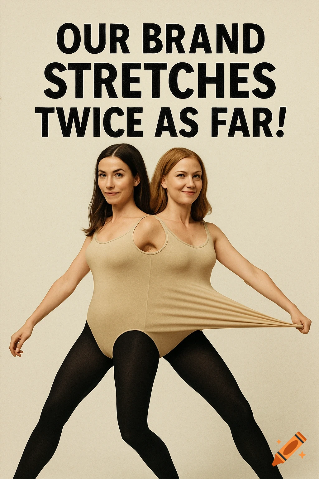 Two women share a single stretchy leotard and tights in a fashion ad with text.