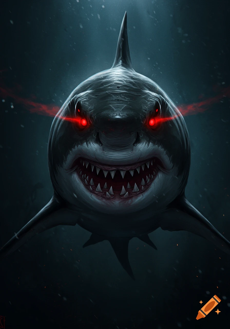 A menacing shark with glowing red eyes swimming in dark water. on Craiyon