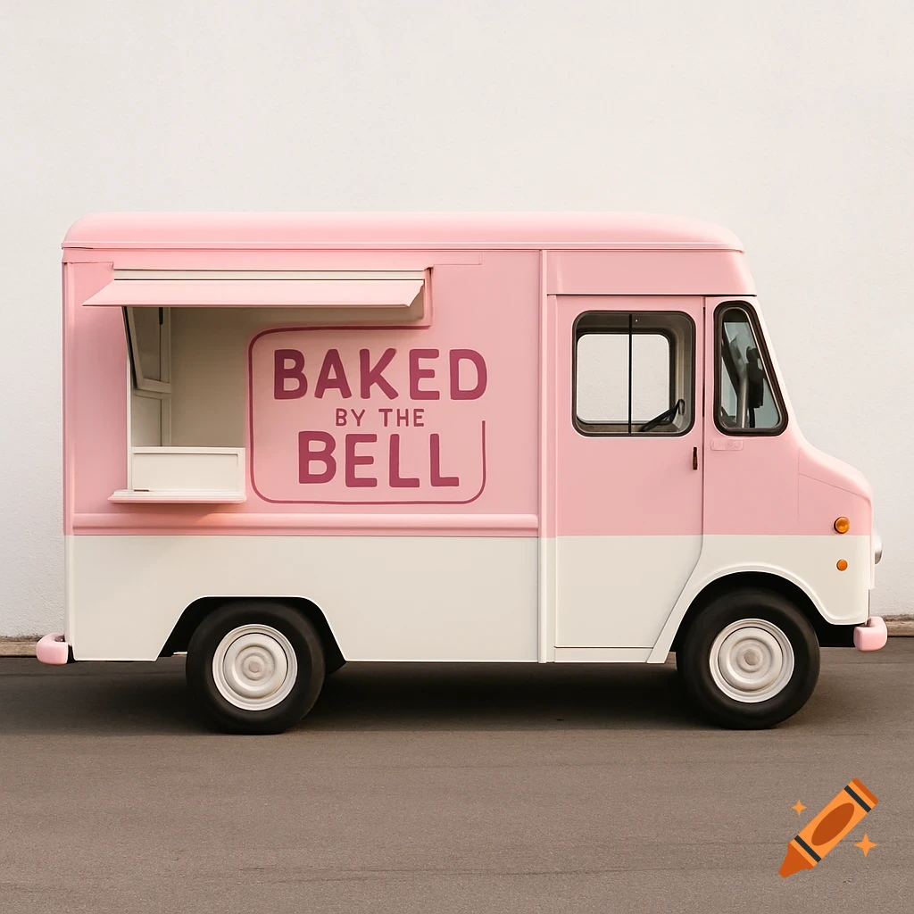 A pink and white food truck with 'Baked by the Bell' written on the side.