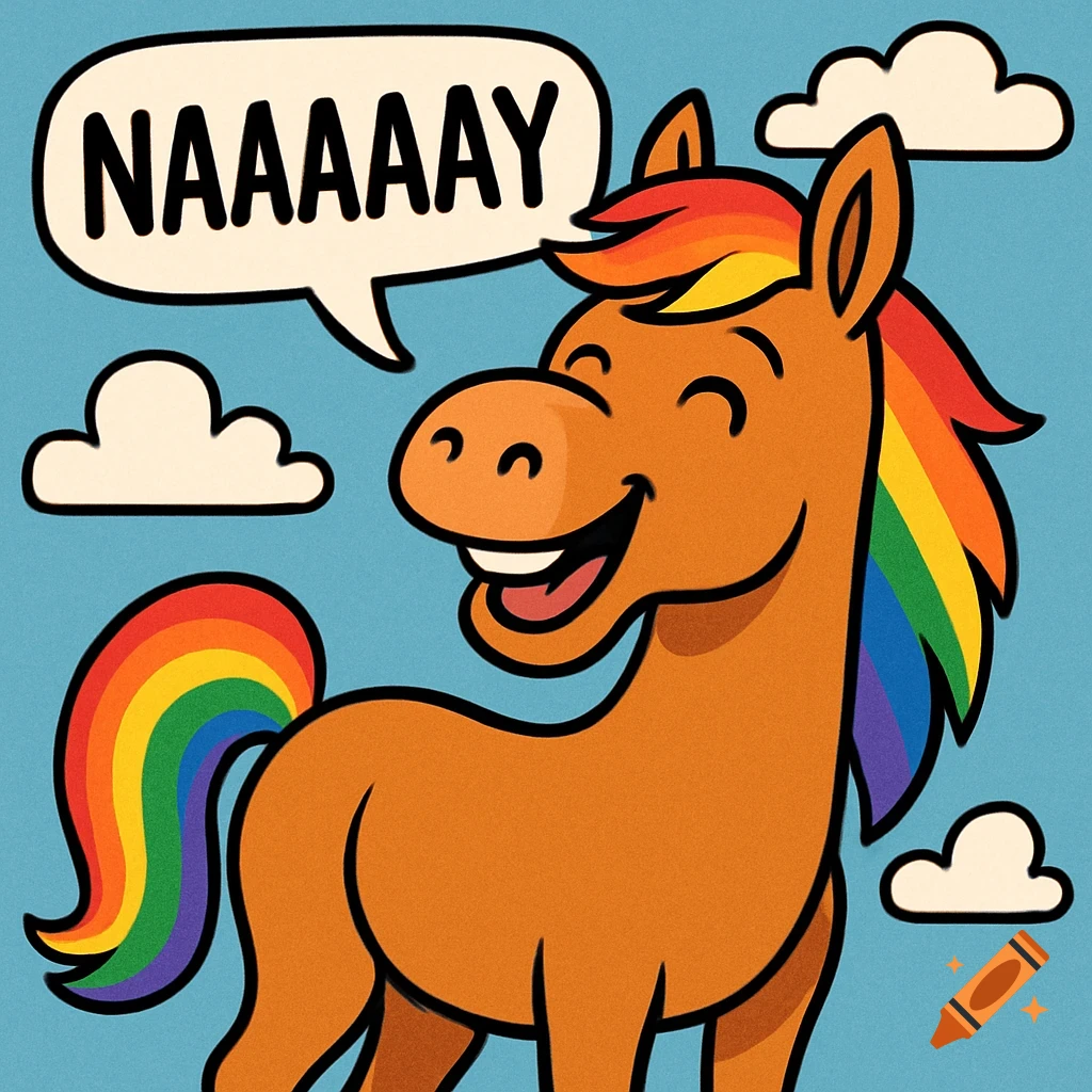 Cartoon horse with rainbow mane and tail smiling and saying "NAAAAAY" in a speech bubble.