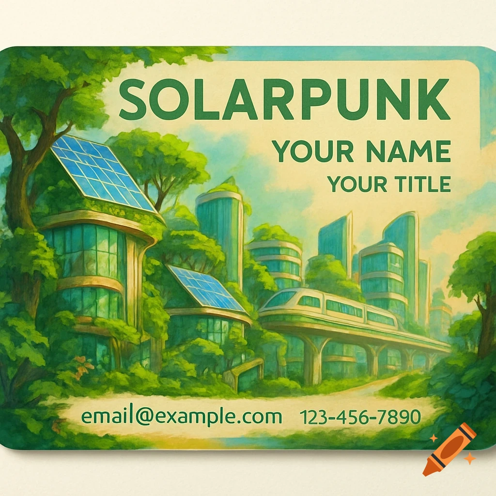 Illustration of a solarpunk city with buildings covered in greenery and solar panels, featuring text 'SOLARPUNK', 'YOUR NAME', 'YOUR TITLE', and placeholder contact info.