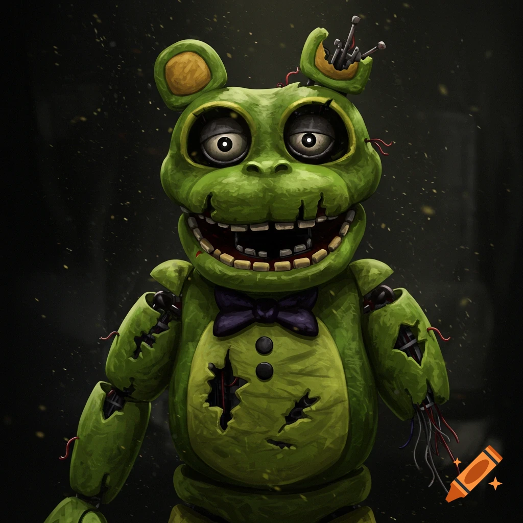 A green withered frog animatronic with exposed wires and torn fabric