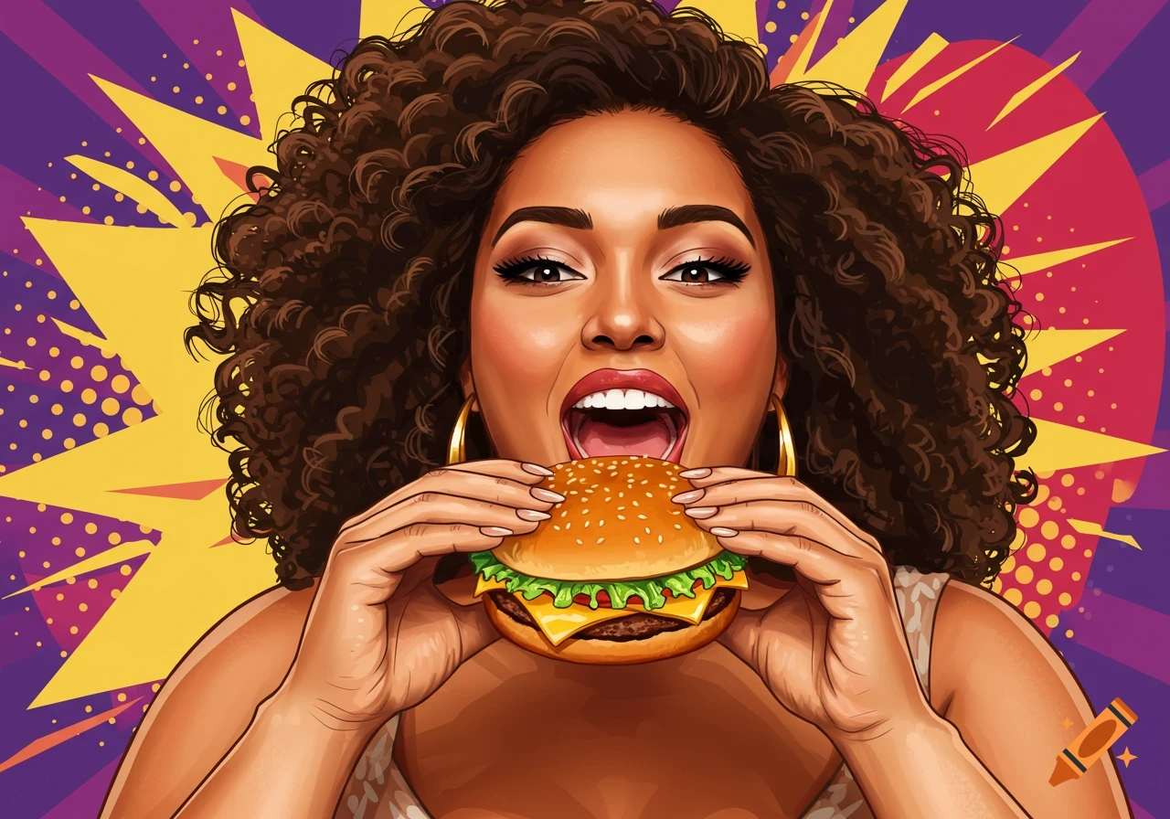 Pop art illustration of a woman eating a cheeseburger.