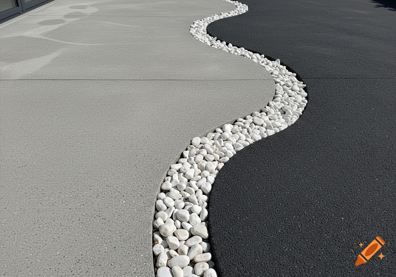 A gray patio separated by a winding path of white stones from a black patio.