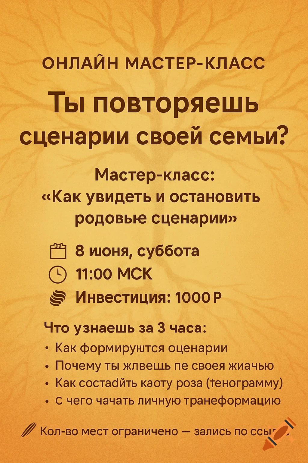 Poster for an online psychology masterclass on family scenarios with text and a tree graphic.