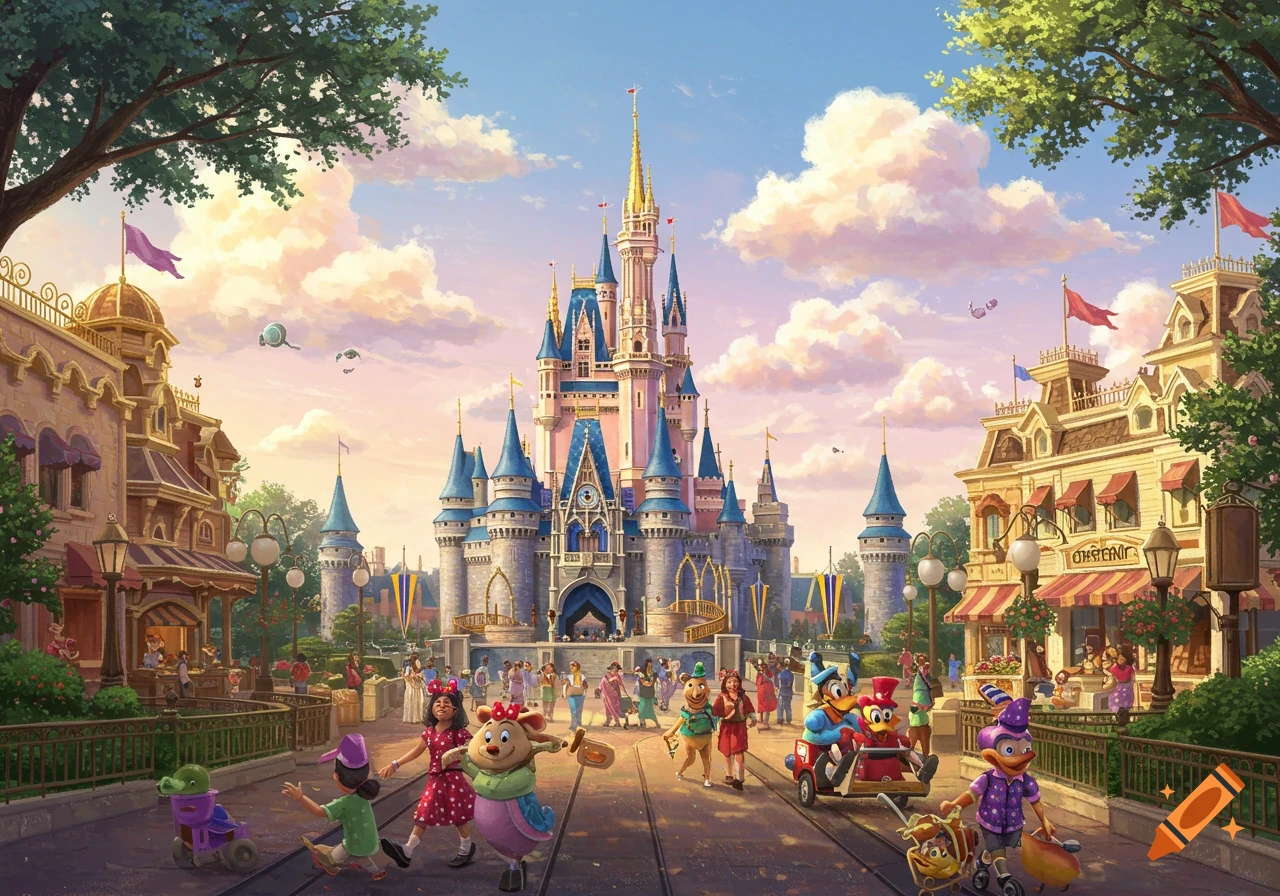 A lively street scene in front of a large fantasy castle, filled with crowds of people and cartoon characters in a painterly style.