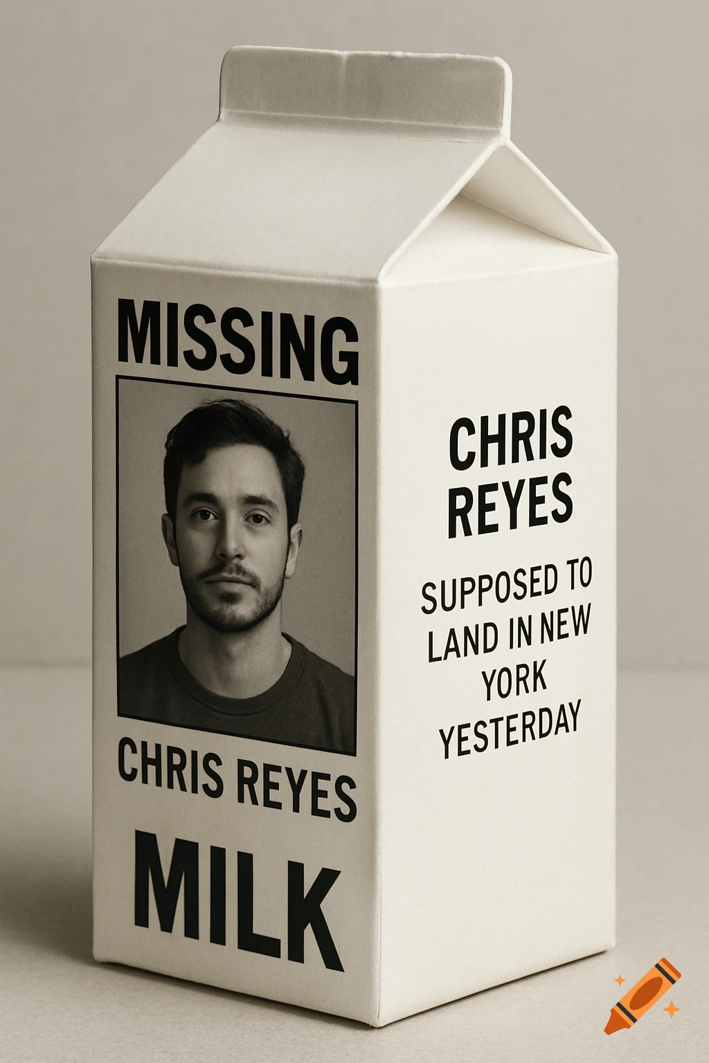 Milk carton with a missing person ad for Chris Reyes.