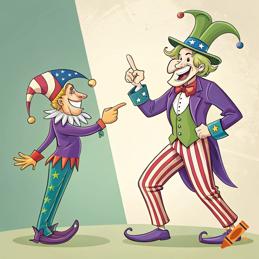 Cartoon illustration of a jester pointing at a figure resembling Uncle Sam, both in patriotic costumes.