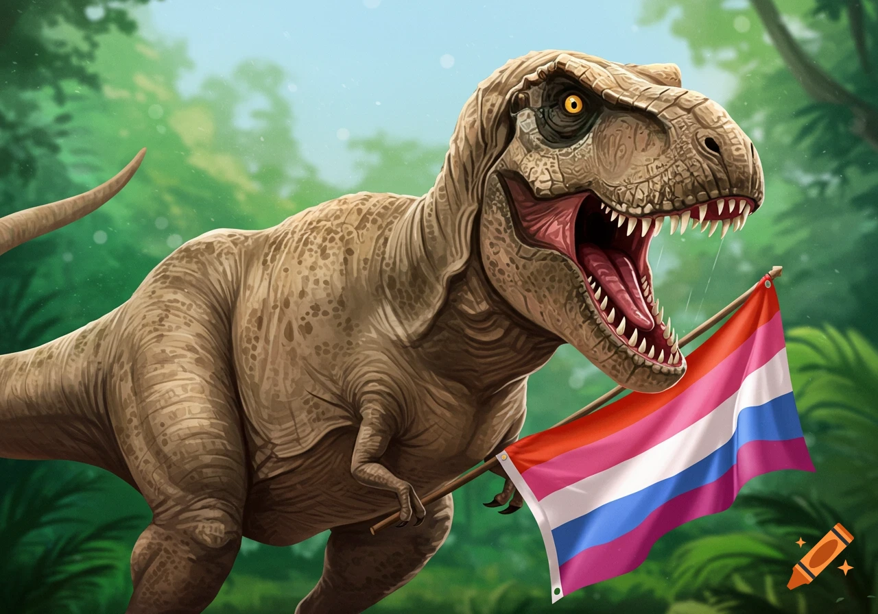 An illustration of a T-Rex holding a lesbian pride flag.