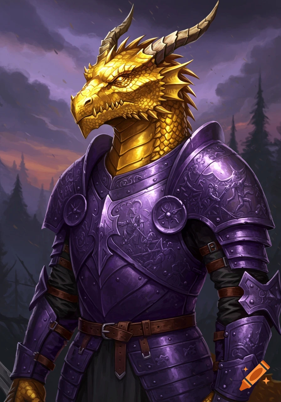 Golden dragonborn in purple fantasy armor against a dramatic sky