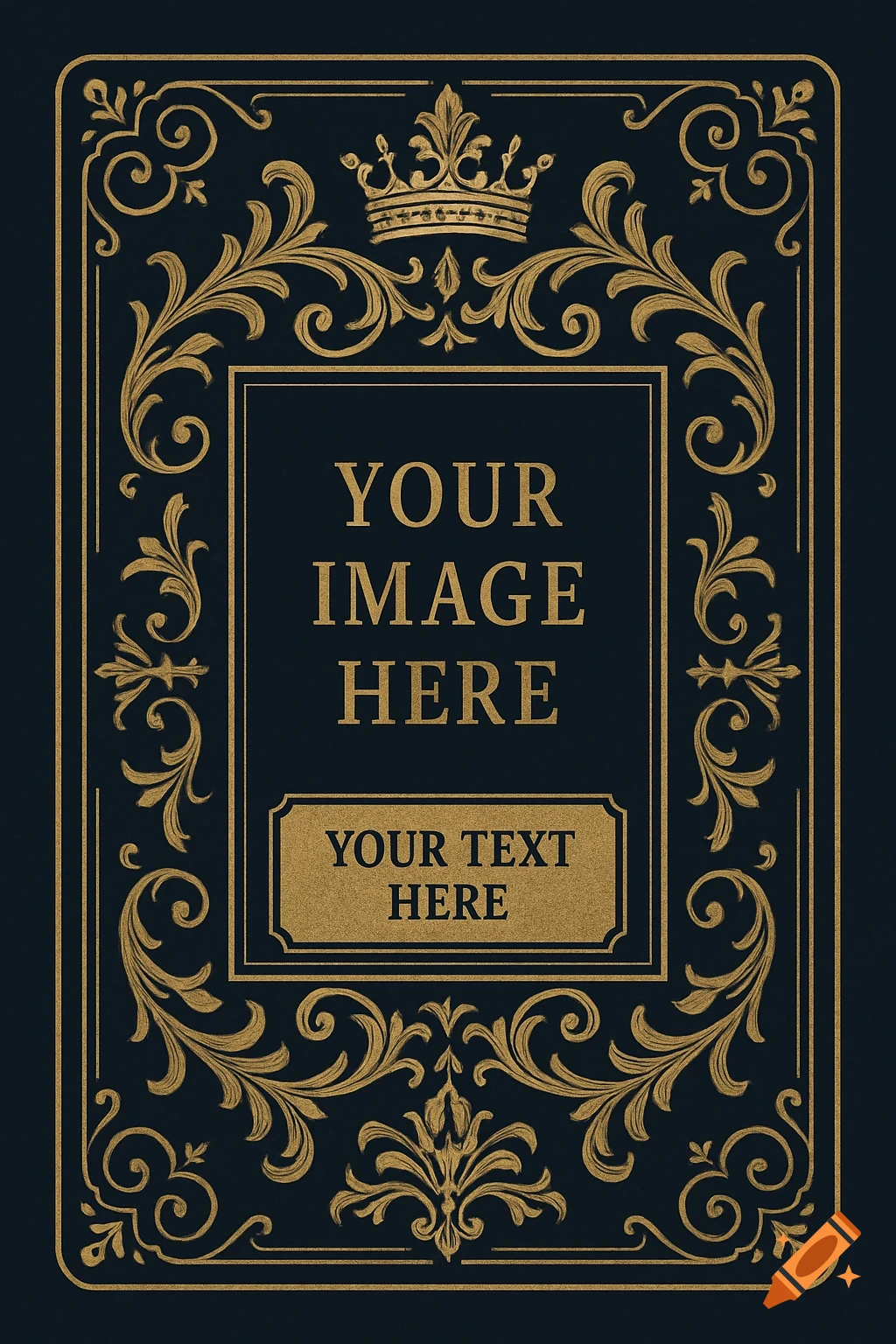 Regal gold ornate frame with a crown and scrollwork on a dark background, containing text placeholders.