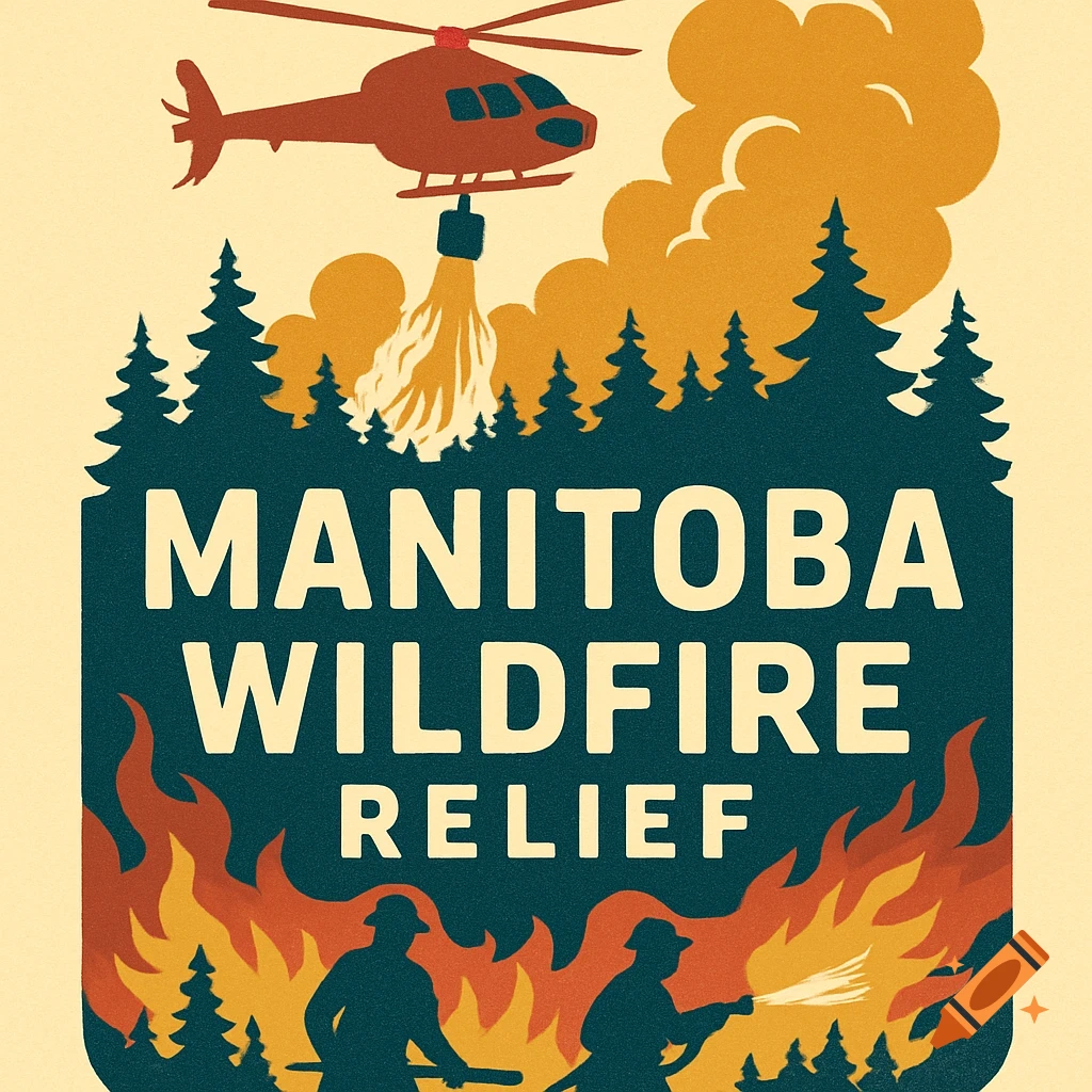 Illustrative logo for Manitoba Wildfire Relief with helicopter dropping water, firefighters, trees, and fire.