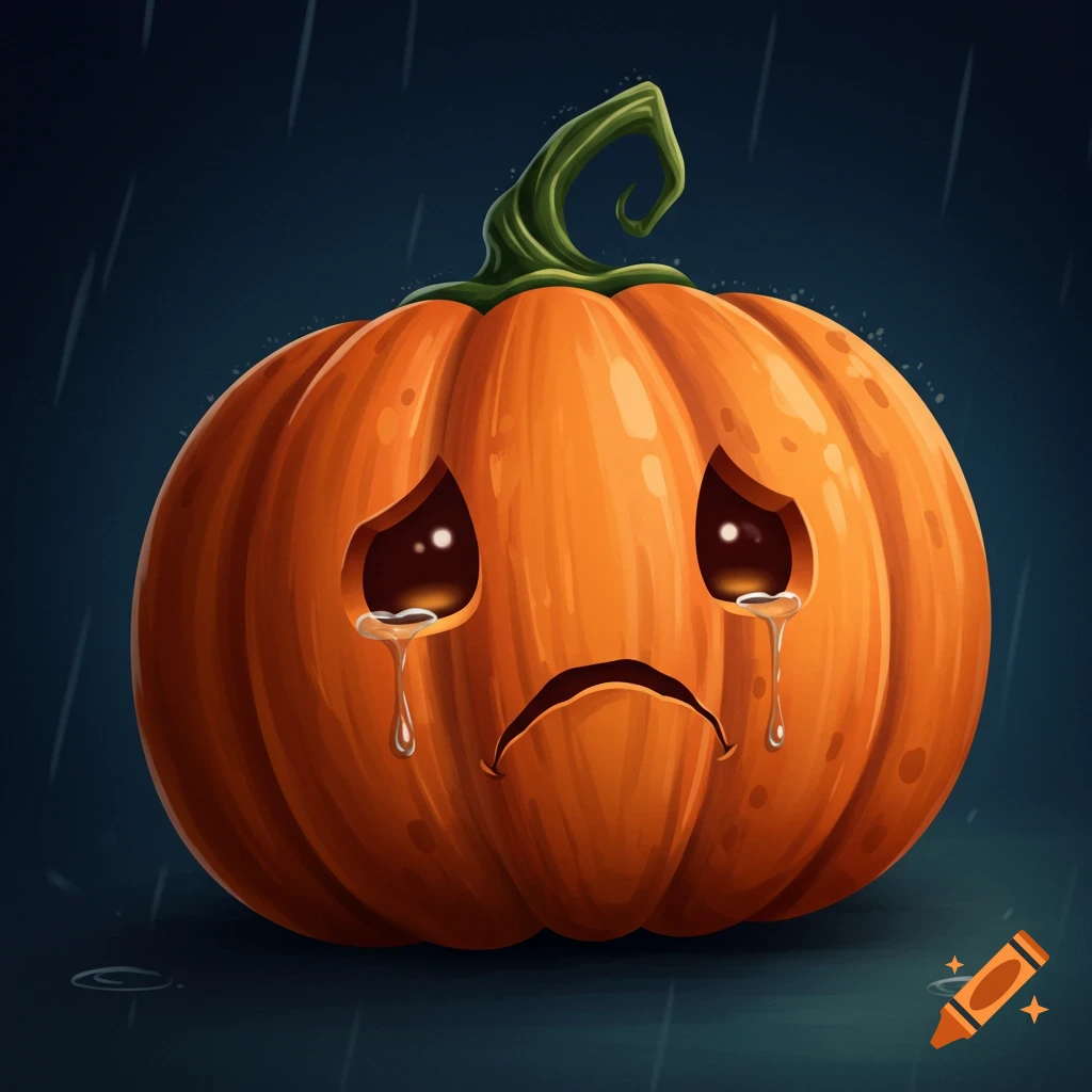 A sad cartoon pumpkin cries in the rain.