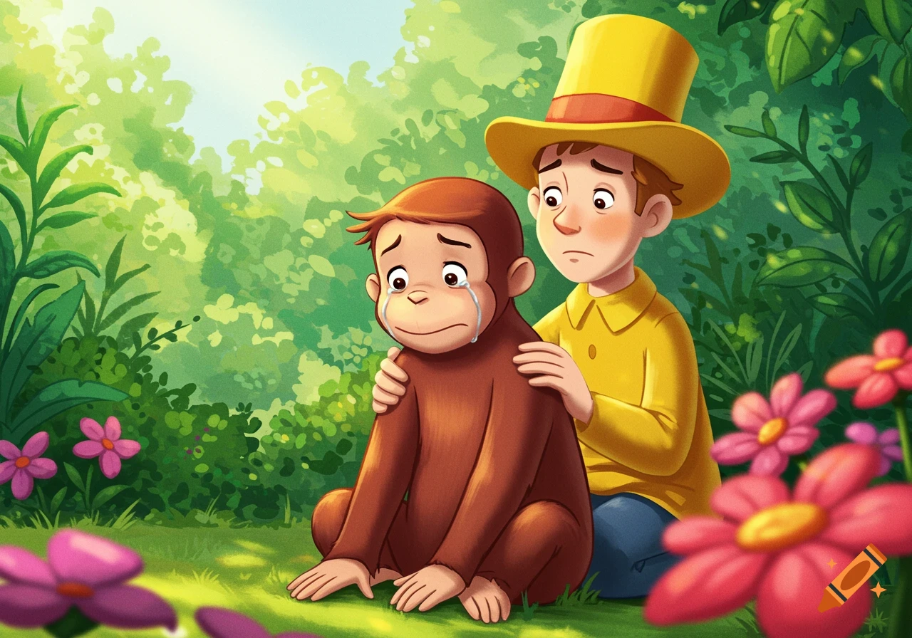 Curious George the monkey cries while the Man with the Yellow Hat comforts him in a park, children's illustration style.