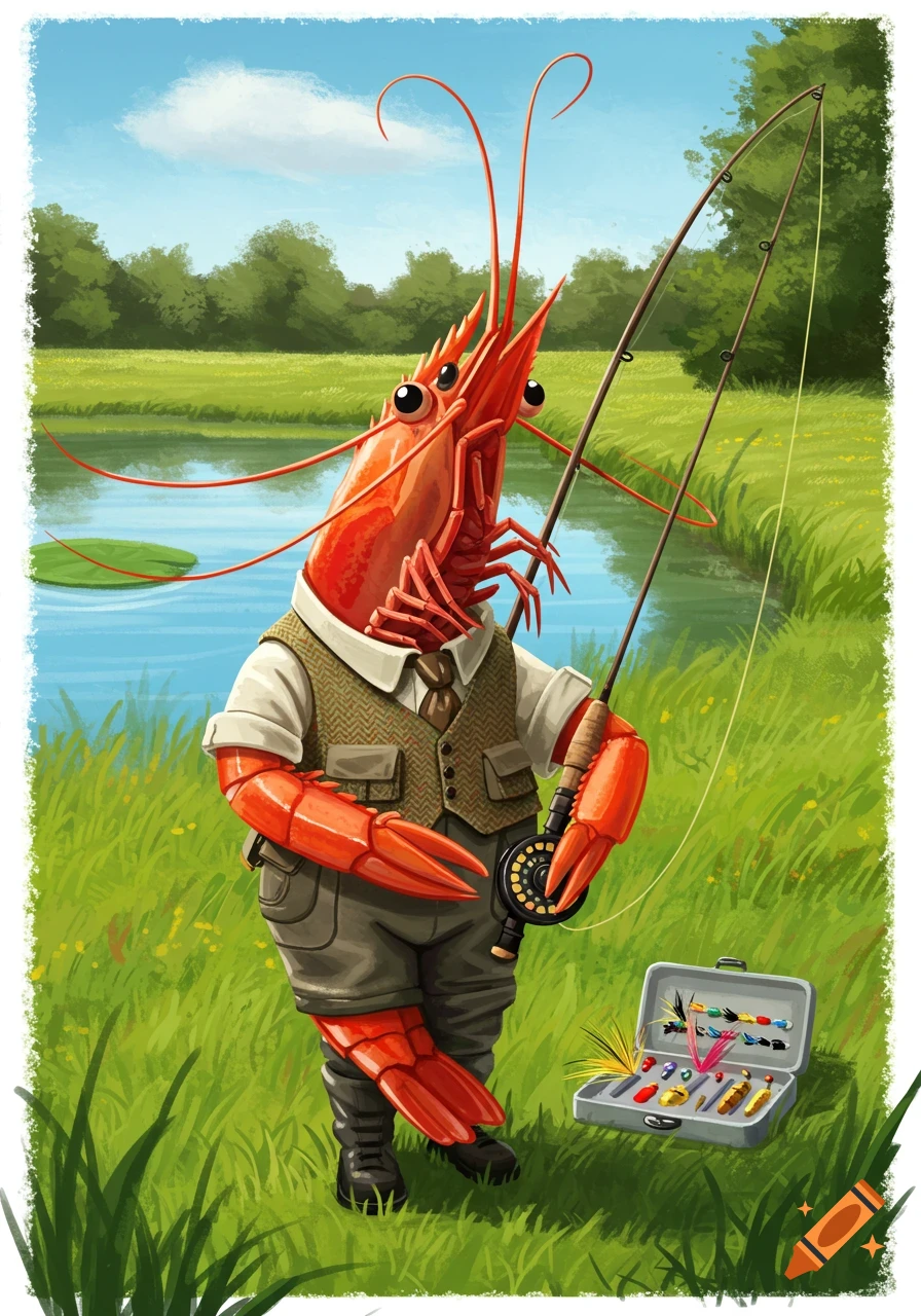An anthropomorphic shrimp wearing a vest stands by a stream, holding a fishing rod.
