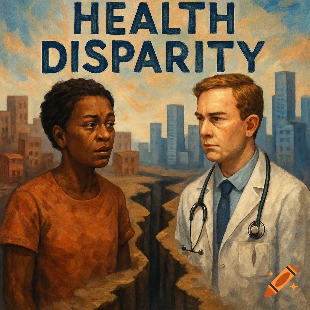 Painting of a person and a doctor on cracked ground with buildings, text HEALTH DISPARITY