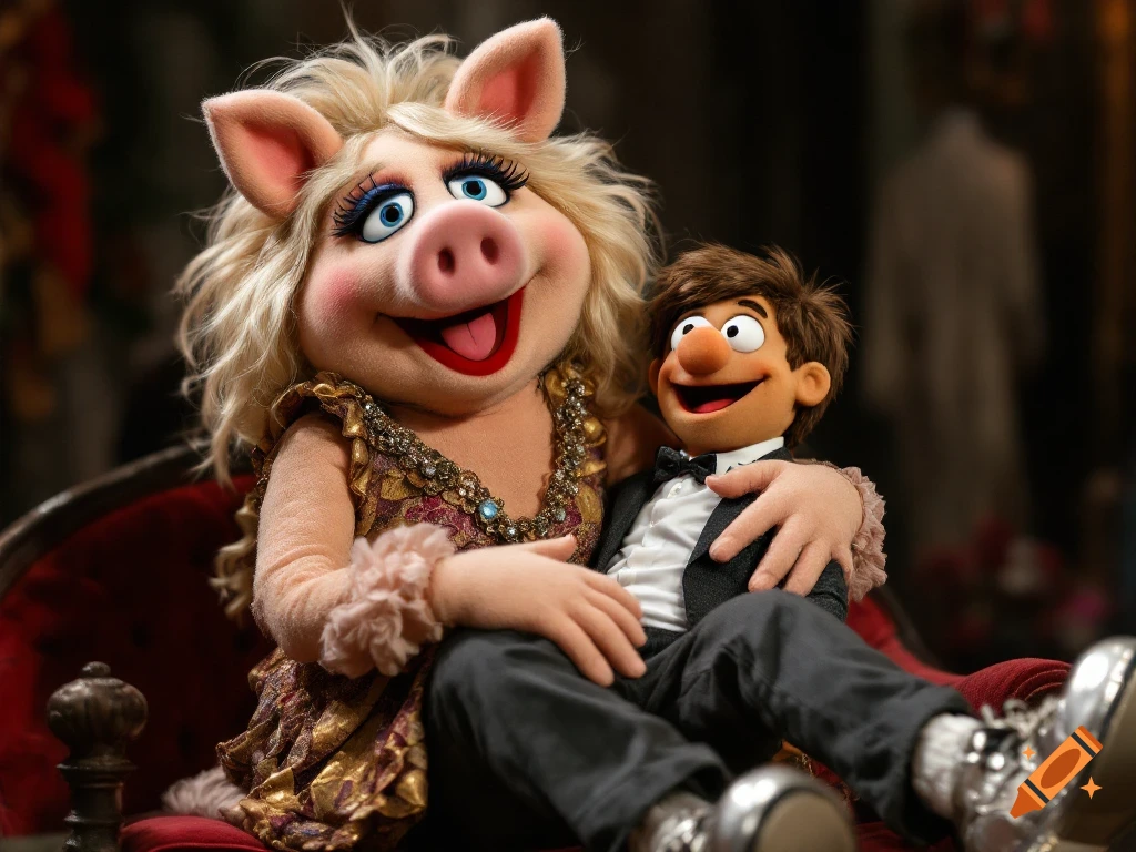 Photorealistic image of Miss Piggy holding a young man puppet on her lap.