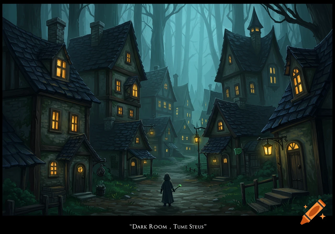 Fantasy village at night with glowing windows and a figure in the street.