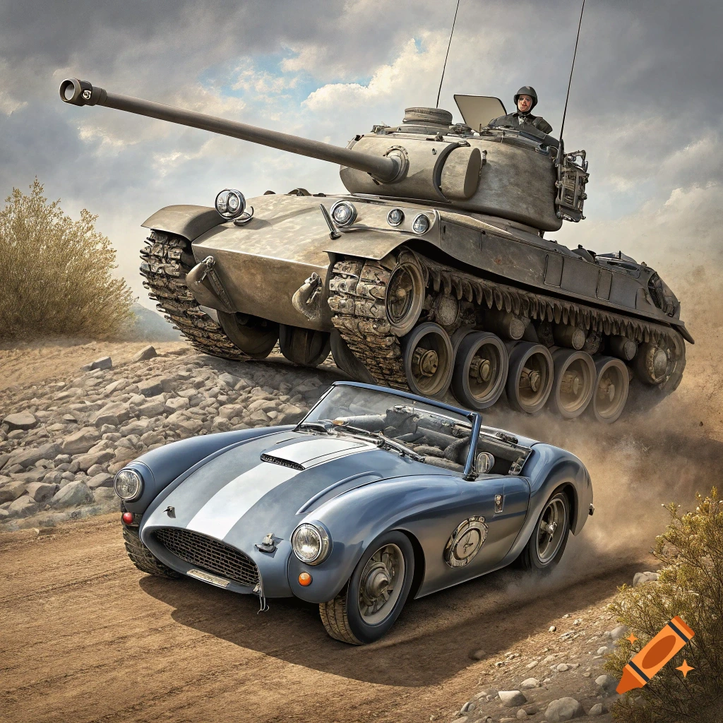 Large tank driving over a blue sports car on a dirt road under a cloudy sky.