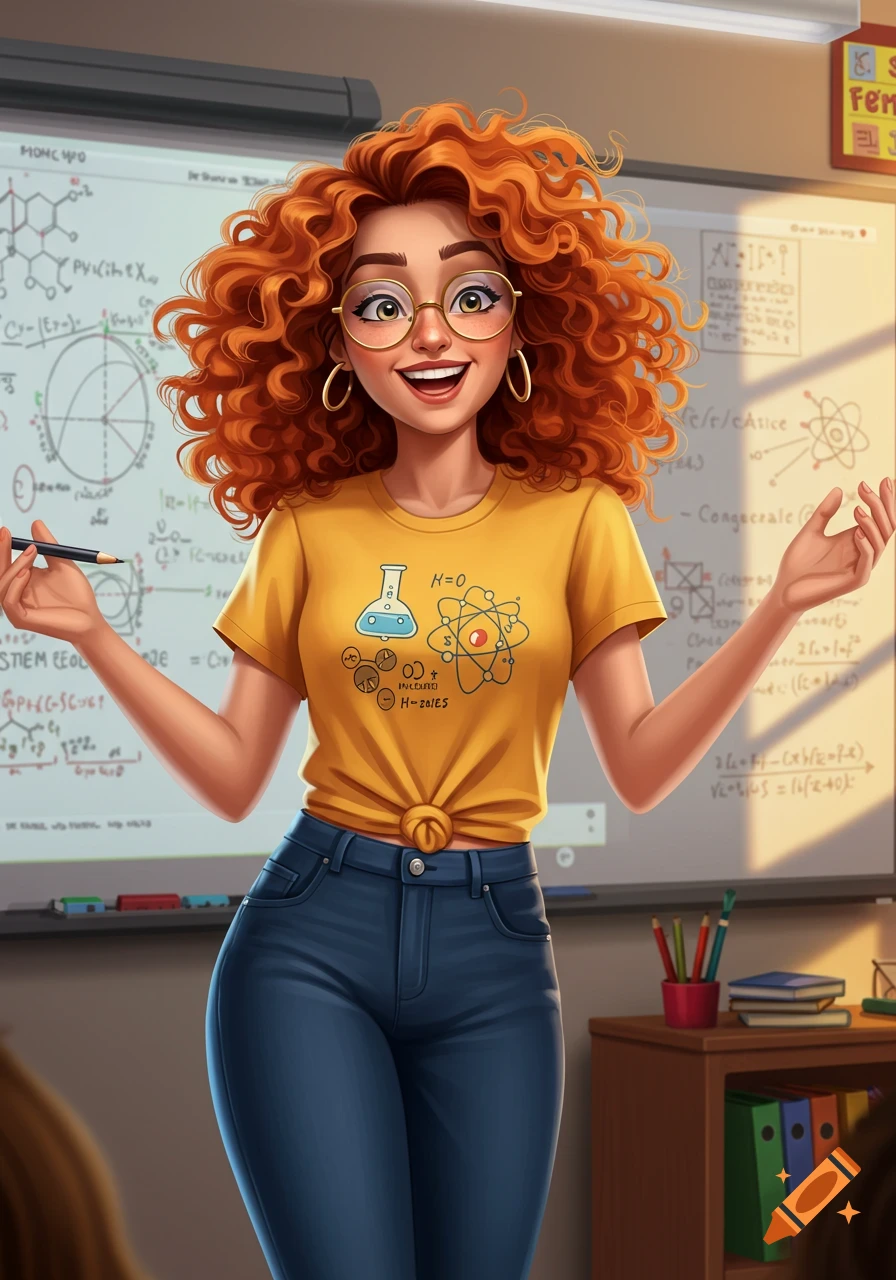 Cartoon illustration of a smiling STEM teacher with curly red hair and glasses standing in front of a whiteboard with equations.