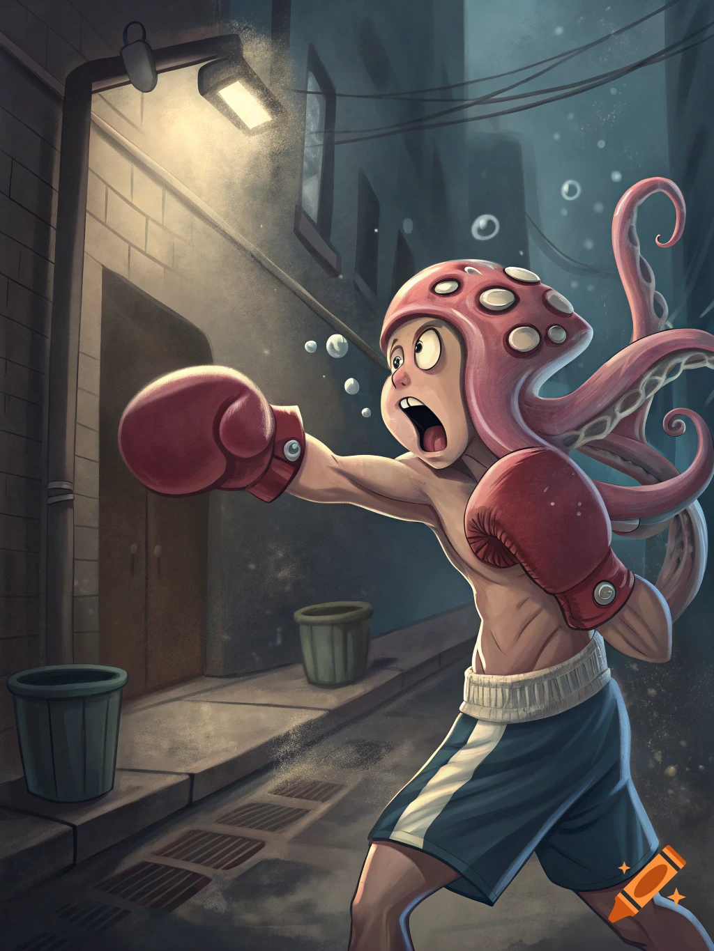 Cartoon character with octopus tentacles boxing in a gritty alley.