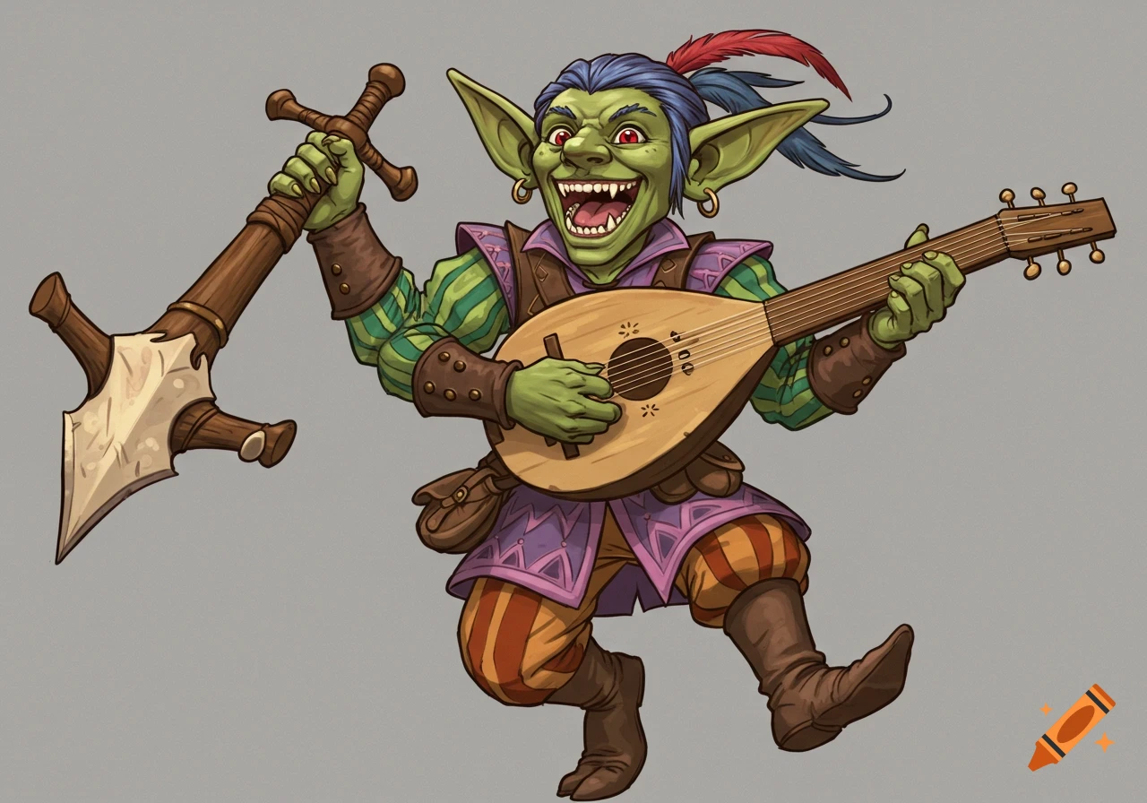A fantasy character illustration of a green goblin playing a lute and holding a large cleaver.