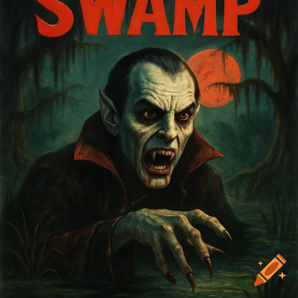 Horror movie poster of a vampire in a swamp with text 'SWAMP'.