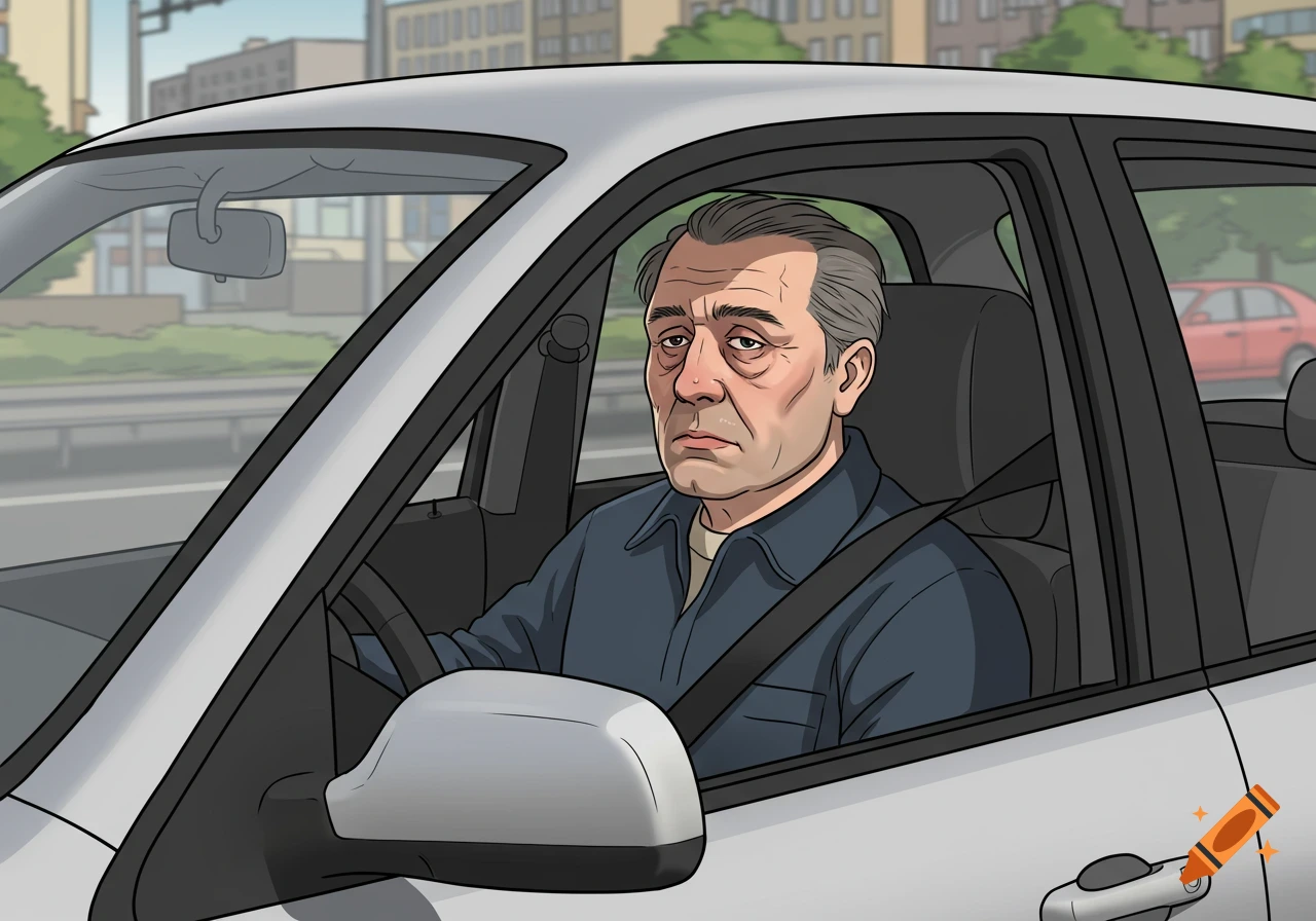Vector illustration of a man driving a car on a city road.