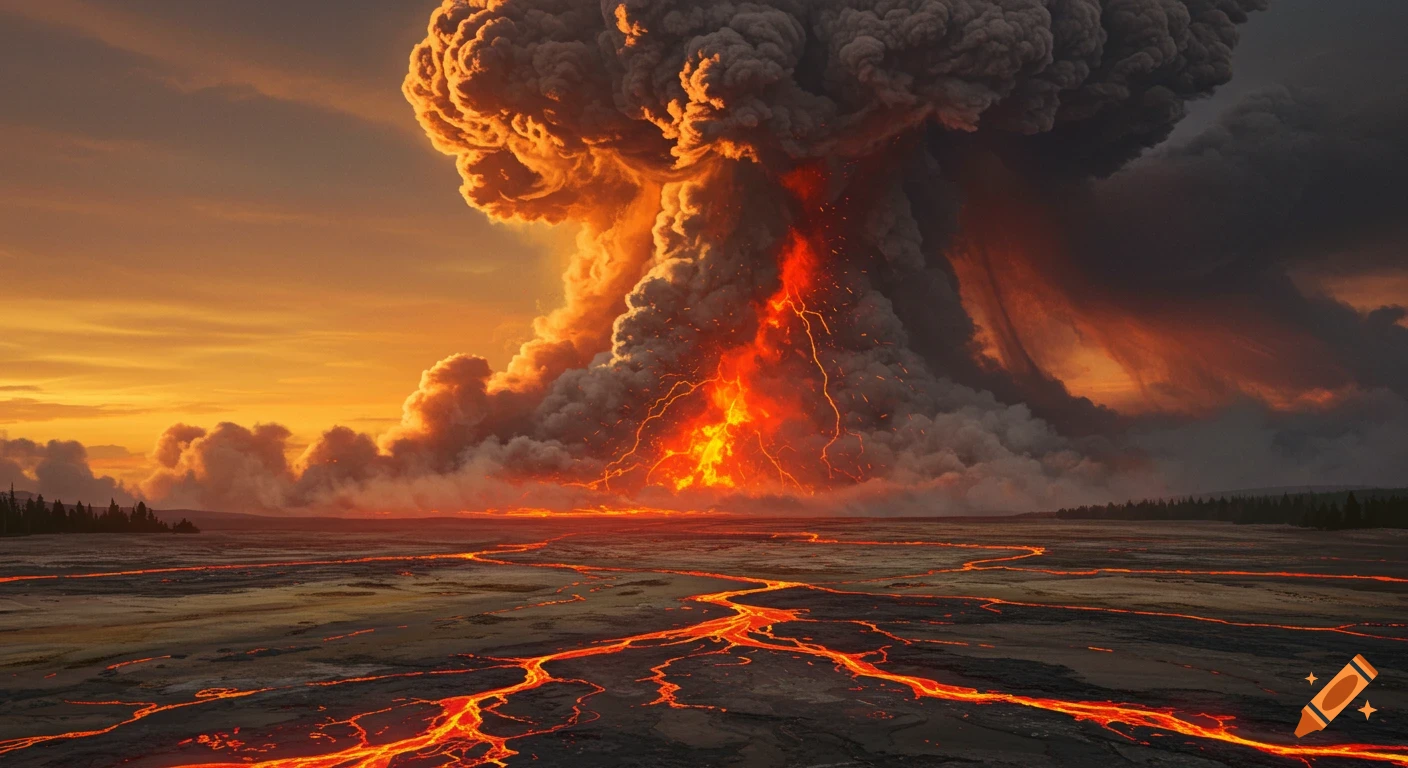 Volcanic eruption with large ash cloud and flowing lava at sunset