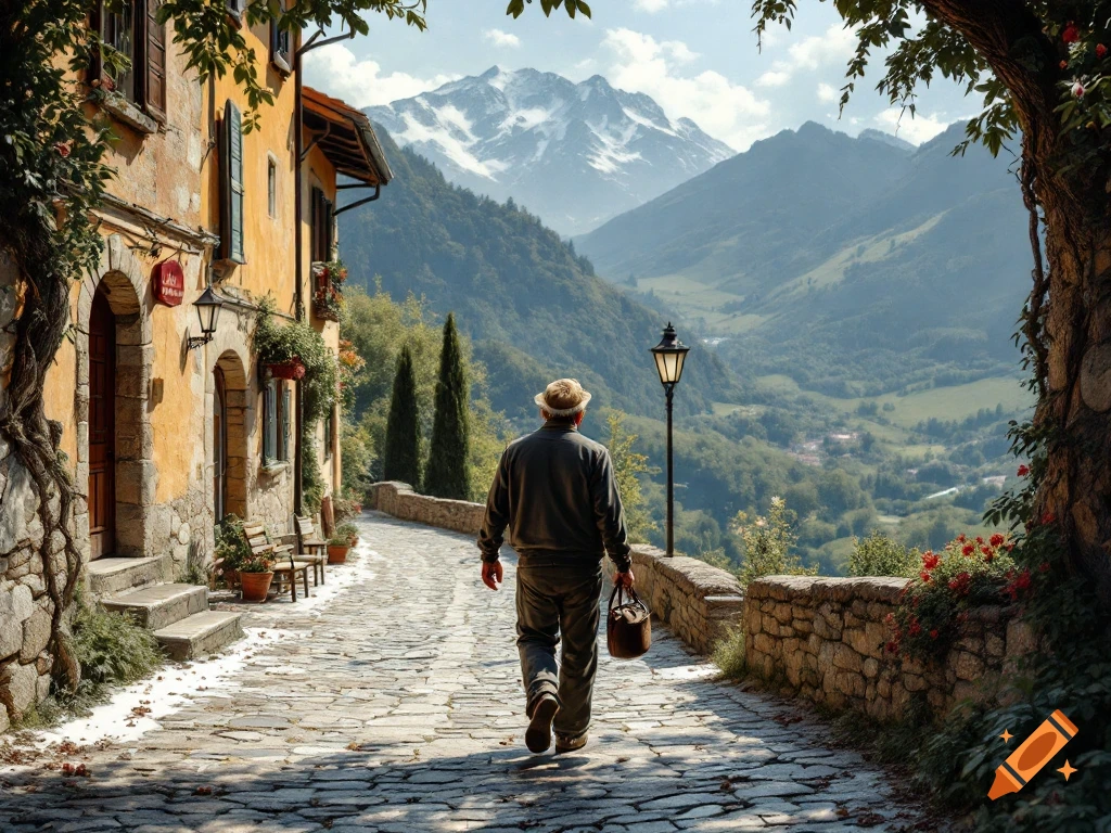 A man walks down a stone street in a European village overlooking a mountain valley.