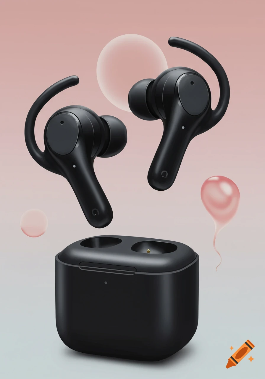 Black wireless earbuds floating above charging case