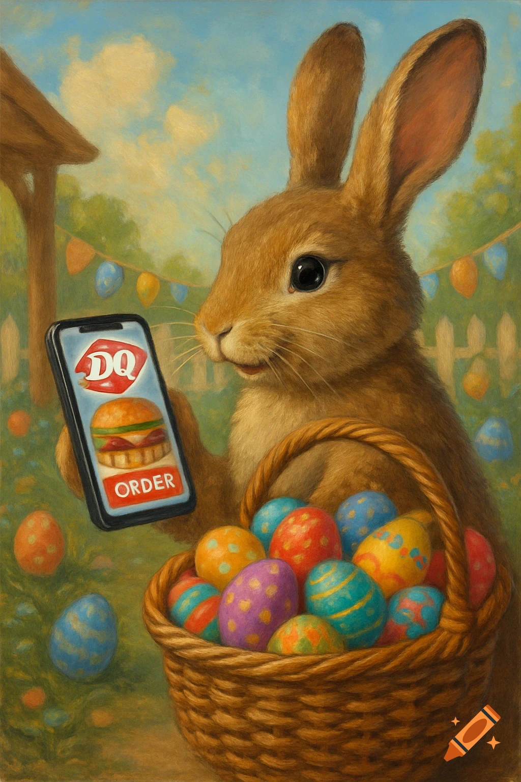 A painted illustration of an Easter bunny holding a phone and a basket full of colorful Easter eggs.