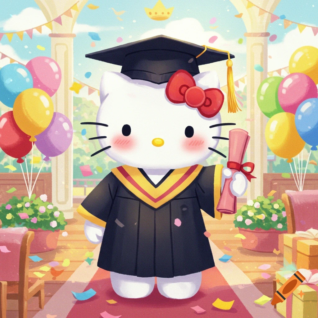 Hello Kitty in graduation cap and gown holding a diploma at a ceremony with balloons and confetti.