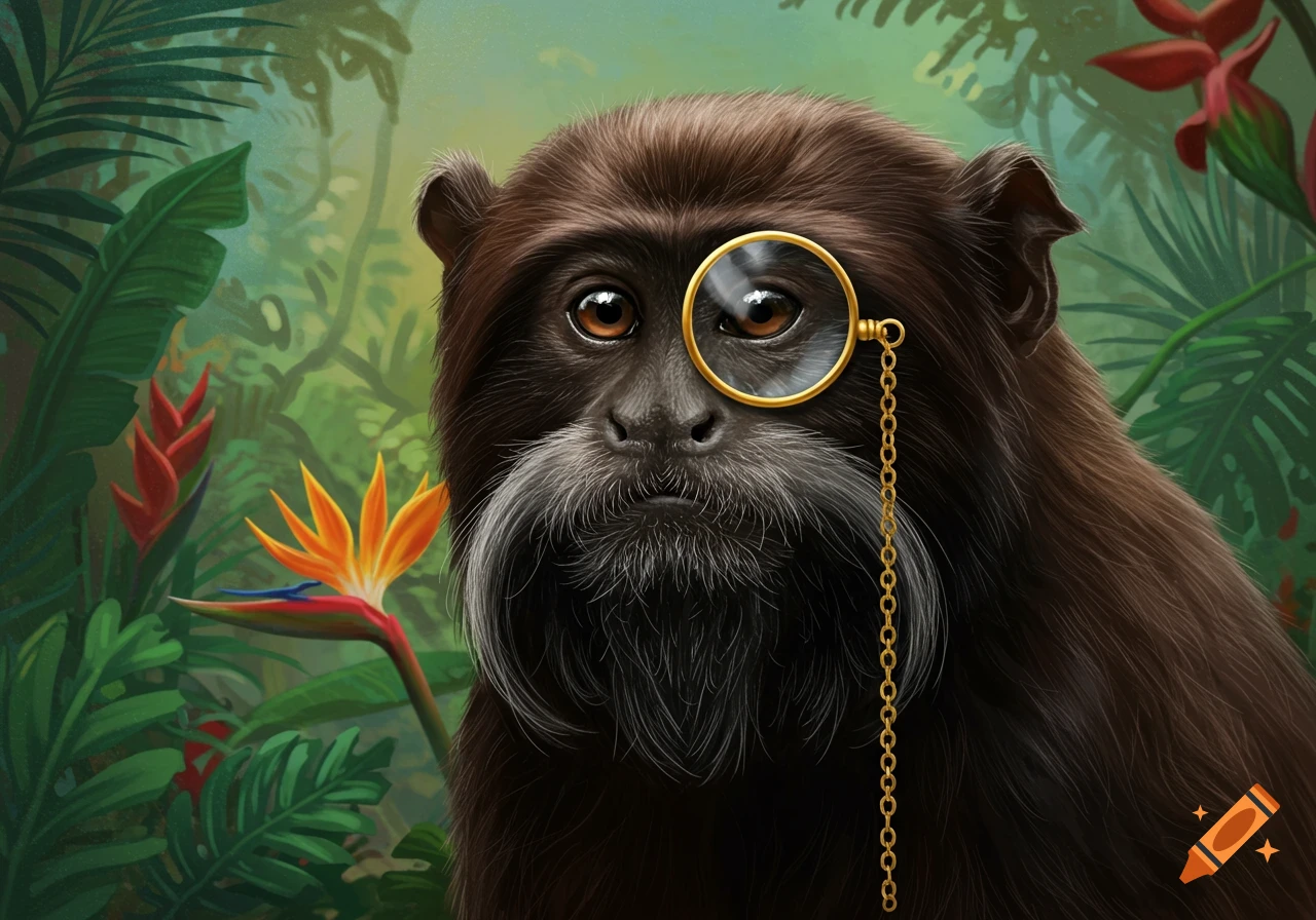 Illustration of a black bearded emperor tamarin monkey wearing a monocle in a jungle.