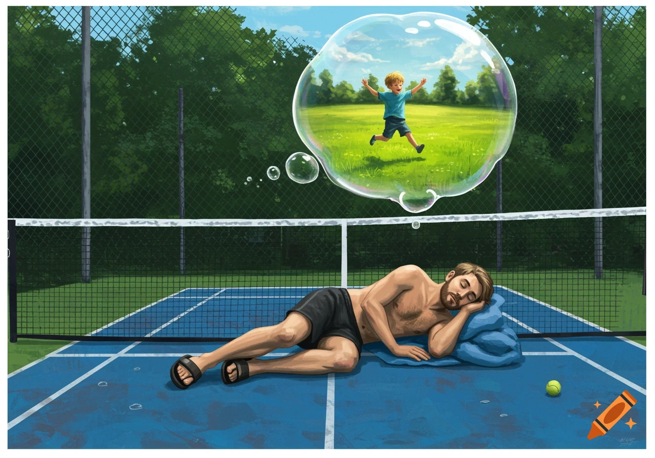 Man sleeps on a tennis court, dreaming of himself as a child jumping in a sunny field inside a bubble.