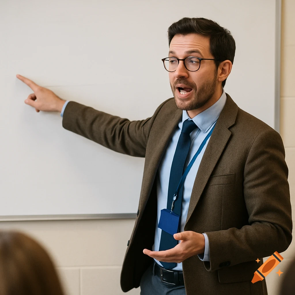 Male teacher pointing at a whiteboard and talking to a class.