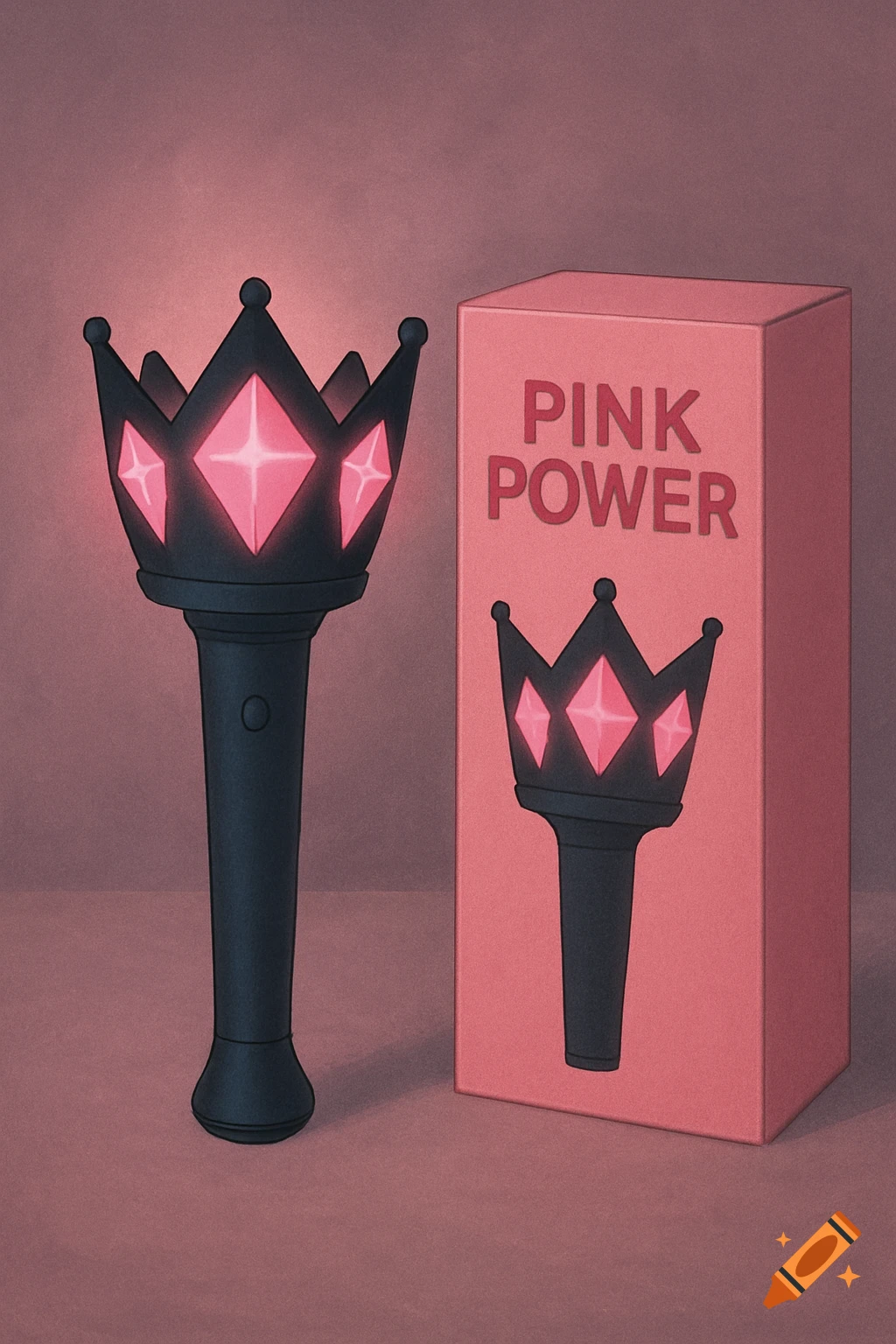 Illustration of a lightstick and its box with the text PINK POWER.