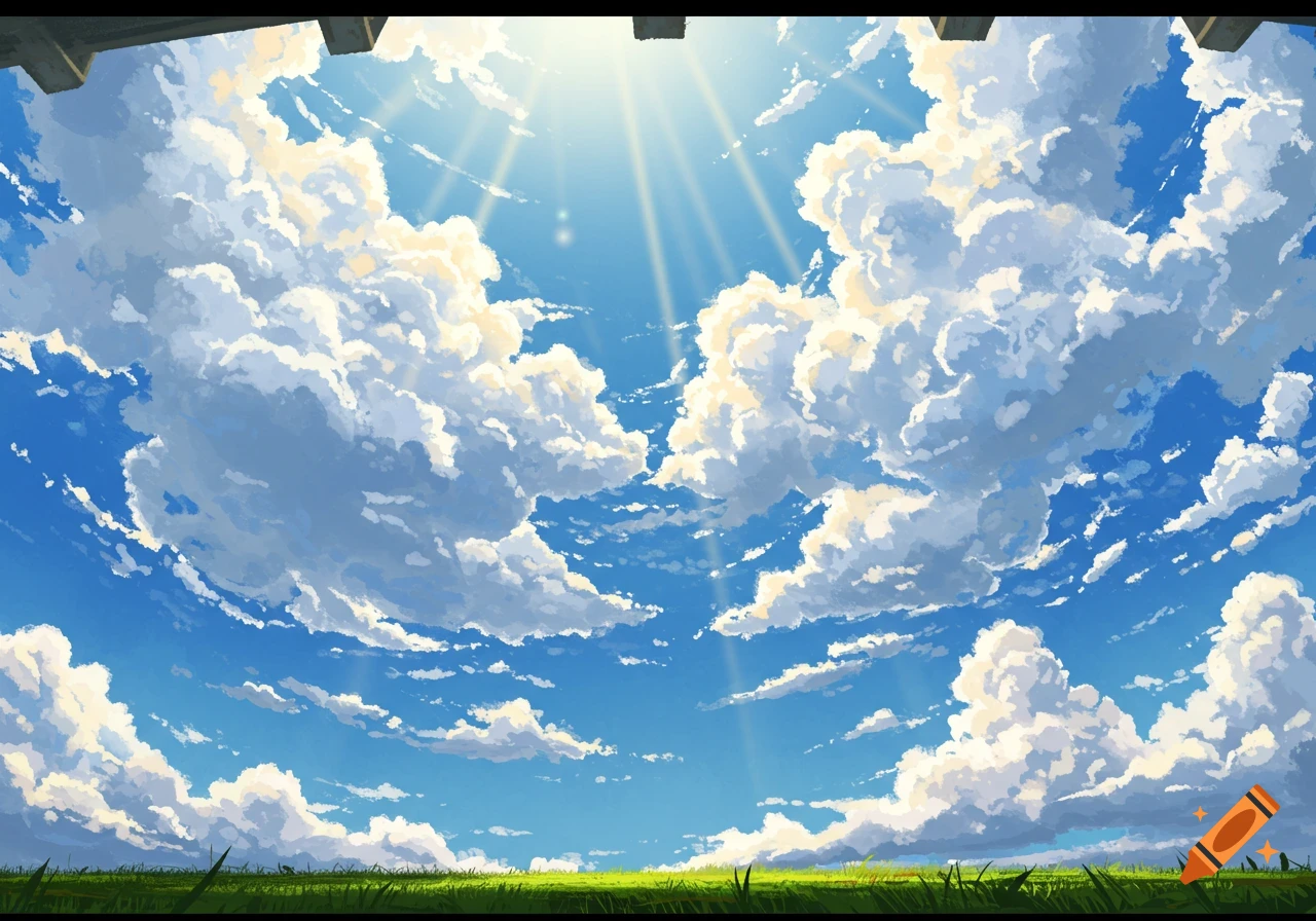 Looking up at a bright blue sky with fluffy white clouds, sun rays, and green grass at the bottom.