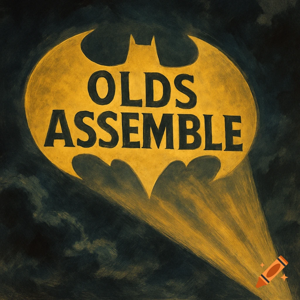 Yellow Bat-Signal with 'OLDS ASSEMBLE' text projected onto a dark, cloudy sky.