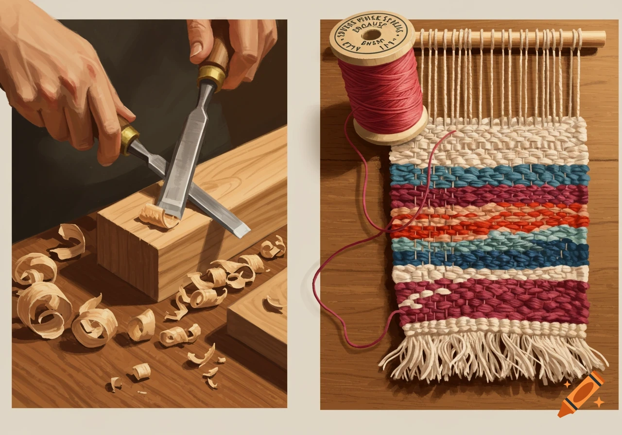 Hands chisel wood creating shavings; a spool of pink thread next to a woven tapestry on a loom. Illustration style.