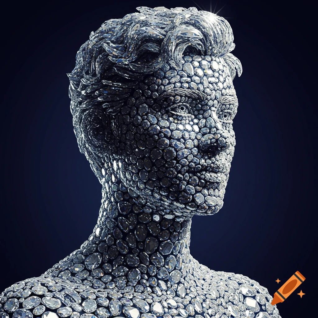 A close-up bust of a man's head and shoulders made entirely of sparkling diamonds against a dark background.
