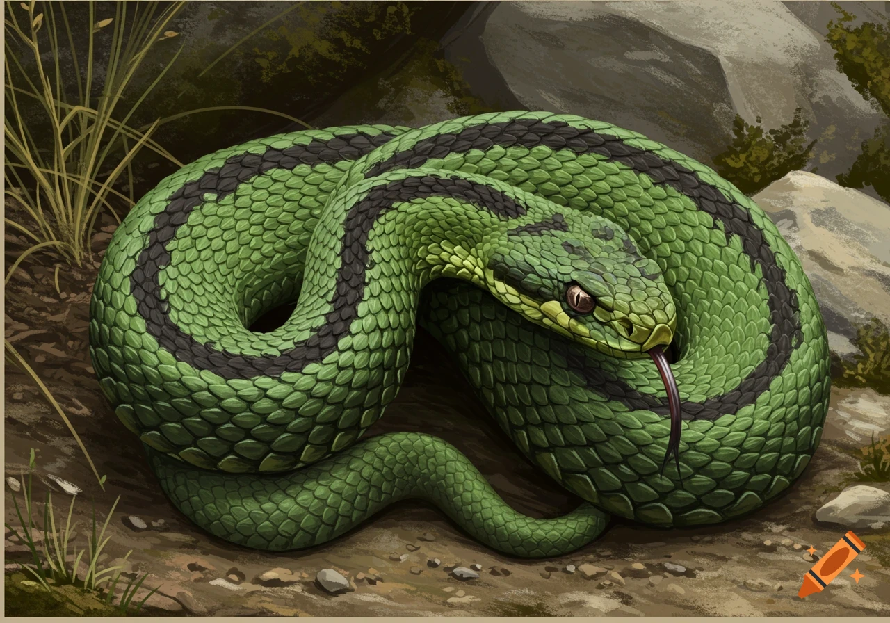 Illustration of a green snake with dark stripes coiled on the ground near rocks and grass.