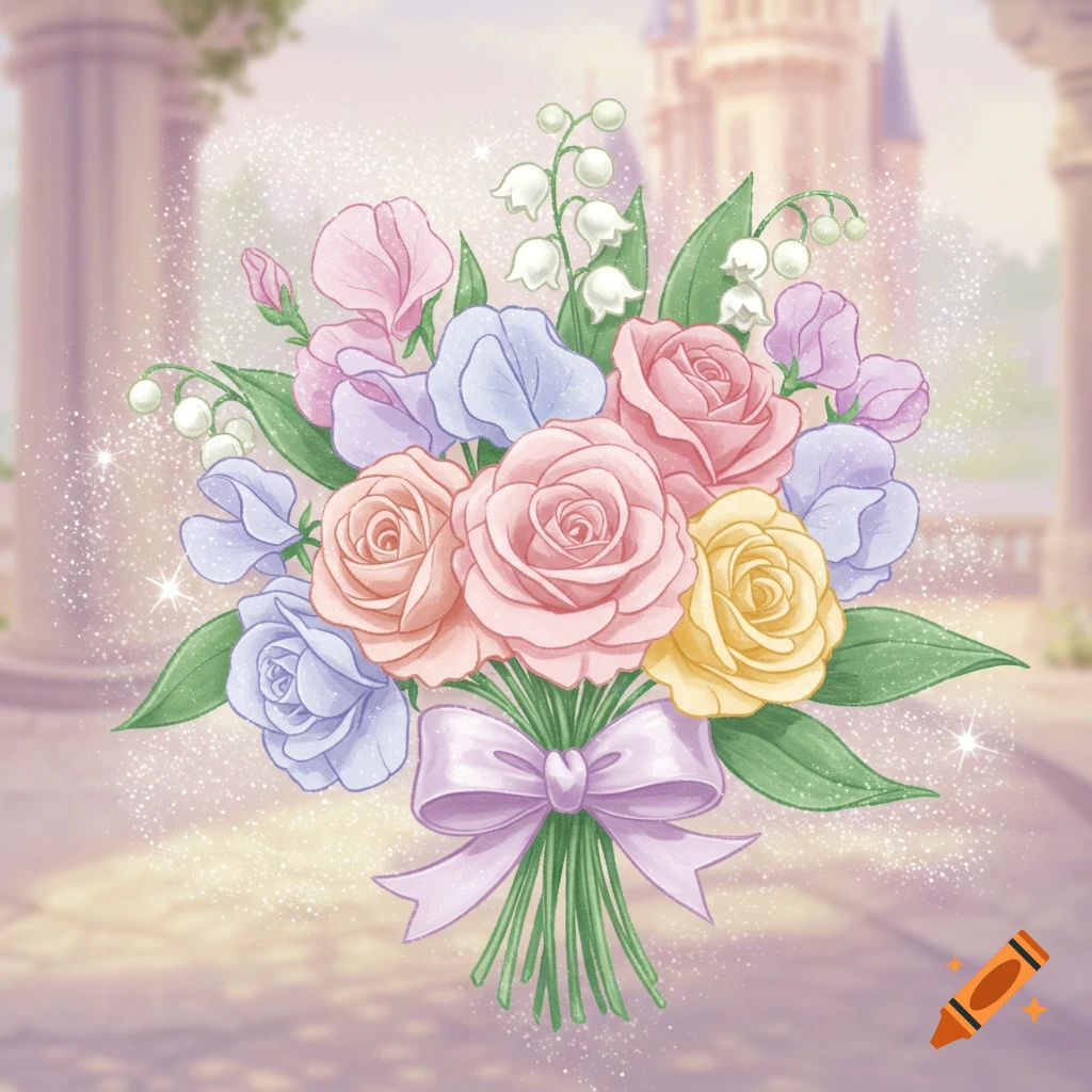 Cute pastel bouquet of roses, sweet peas, and lily of the valley with a ribbon in front of a castle.