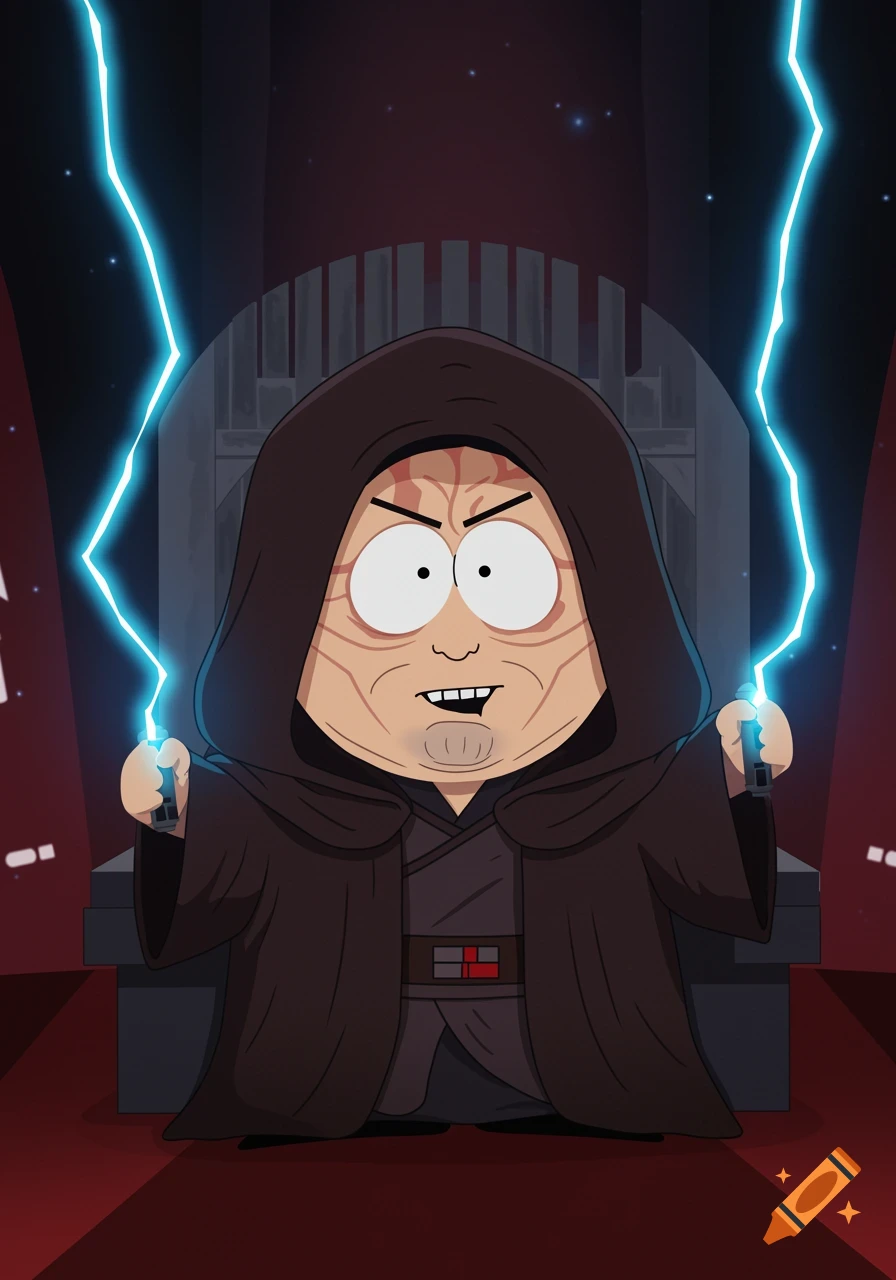 Cartman dressed as Emperor Palpatine using Force lightning in South Park cartoon style.