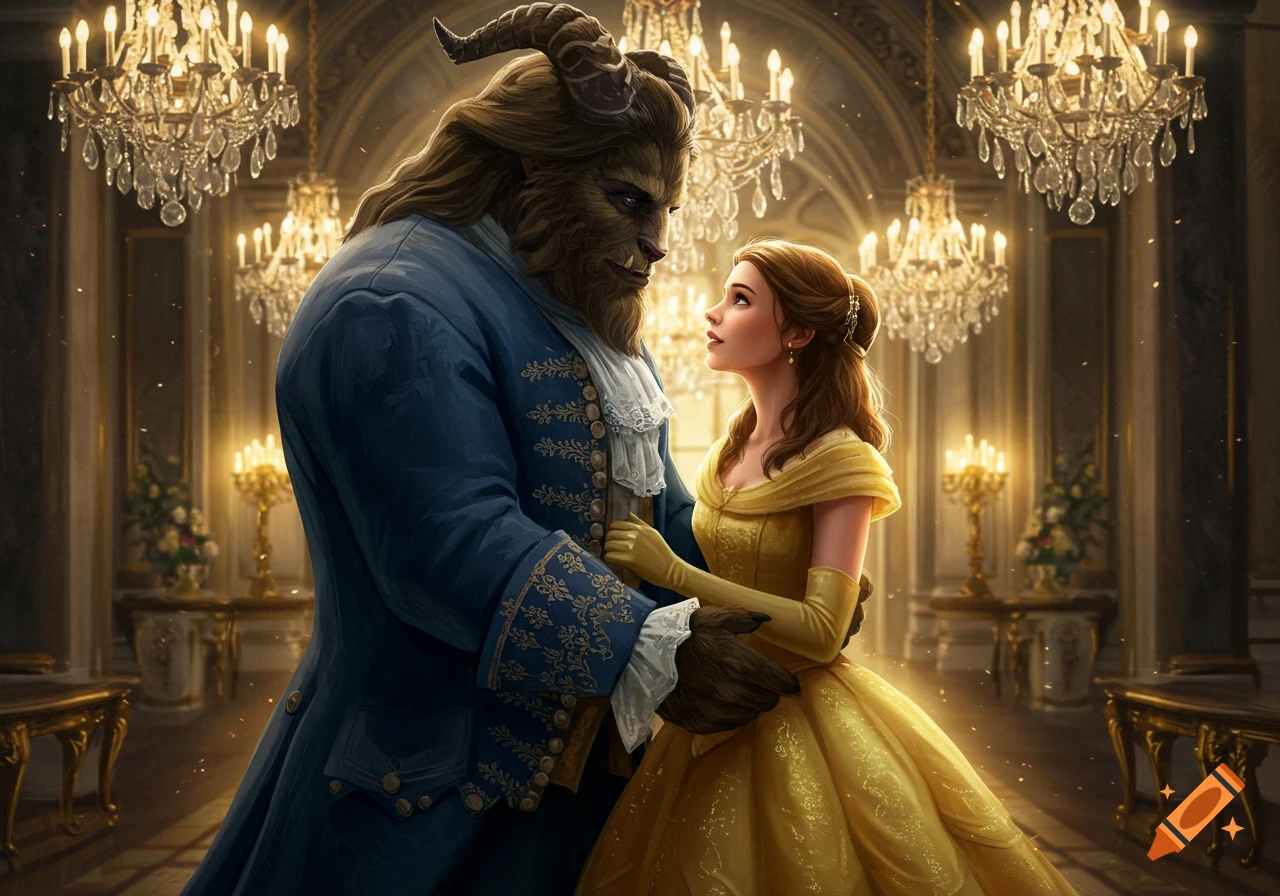 The Beast and Belle dance in a grand ballroom