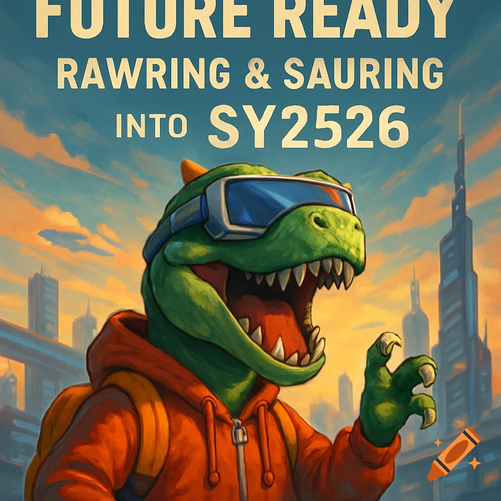 Cartoon dinosaur in VR goggles and hoodie in a city with text 'Future Ready: Rawring & Sauring into SY2526'.